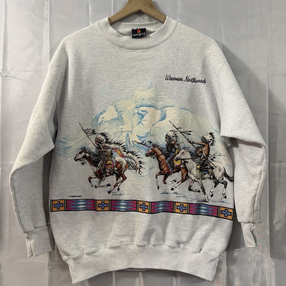 Vintage 90s American Native All Over Graphic Sweatshirt Indian Eagle Wisconsin L